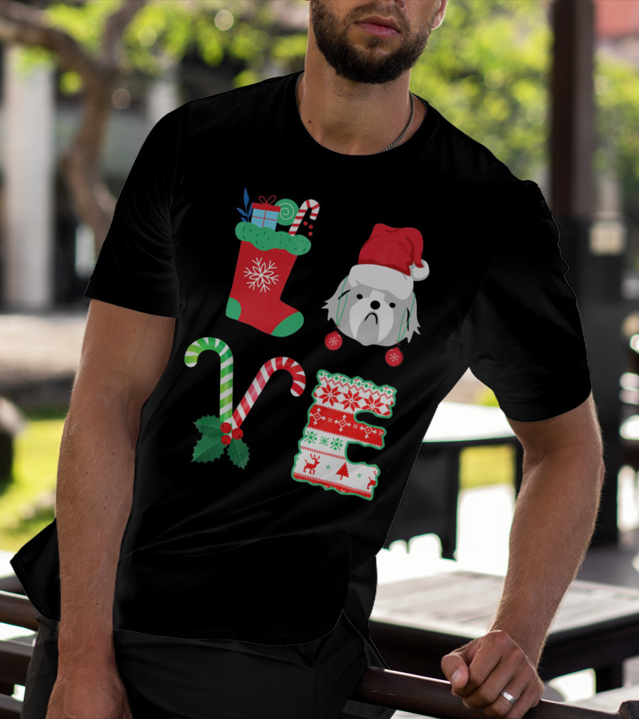 Love Shih Tzu Christmas Dog In Santa Hat With Stocking Candy Canes T-Shirt