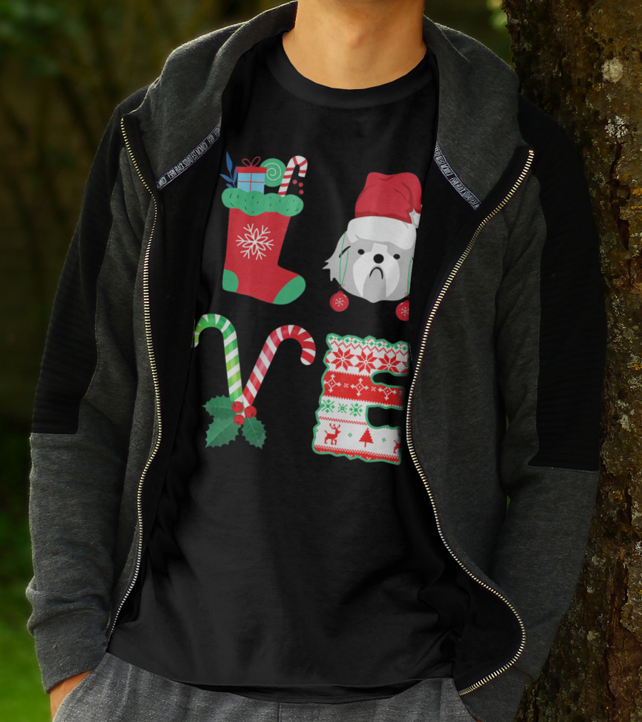 Love Shih Tzu Christmas Dog In Santa Hat With Stocking Candy Canes T-Shirt