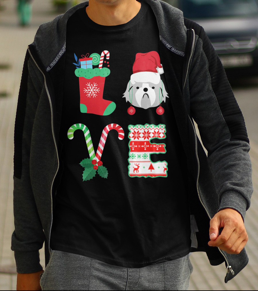 Love Shih Tzu Christmas Dog In Santa Hat With Stocking Candy Canes T-Shirt