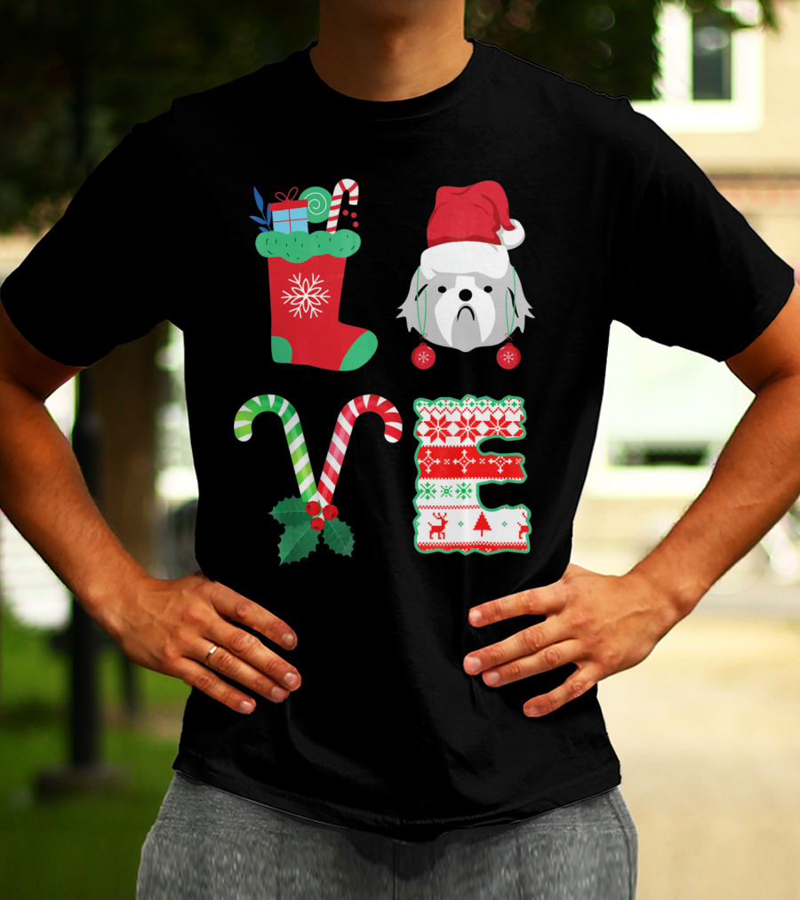 Love Shih Tzu Christmas Dog In Santa Hat With Stocking Candy Canes T-Shirt