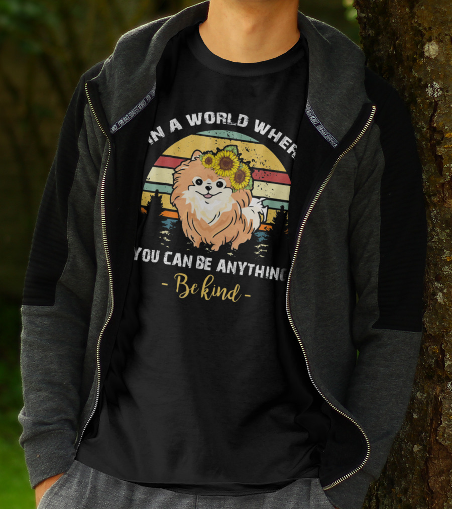 In A World Where You Can Be Anything Be Kind Pomeranian Vintage Retro Sunflowers T-Shirt