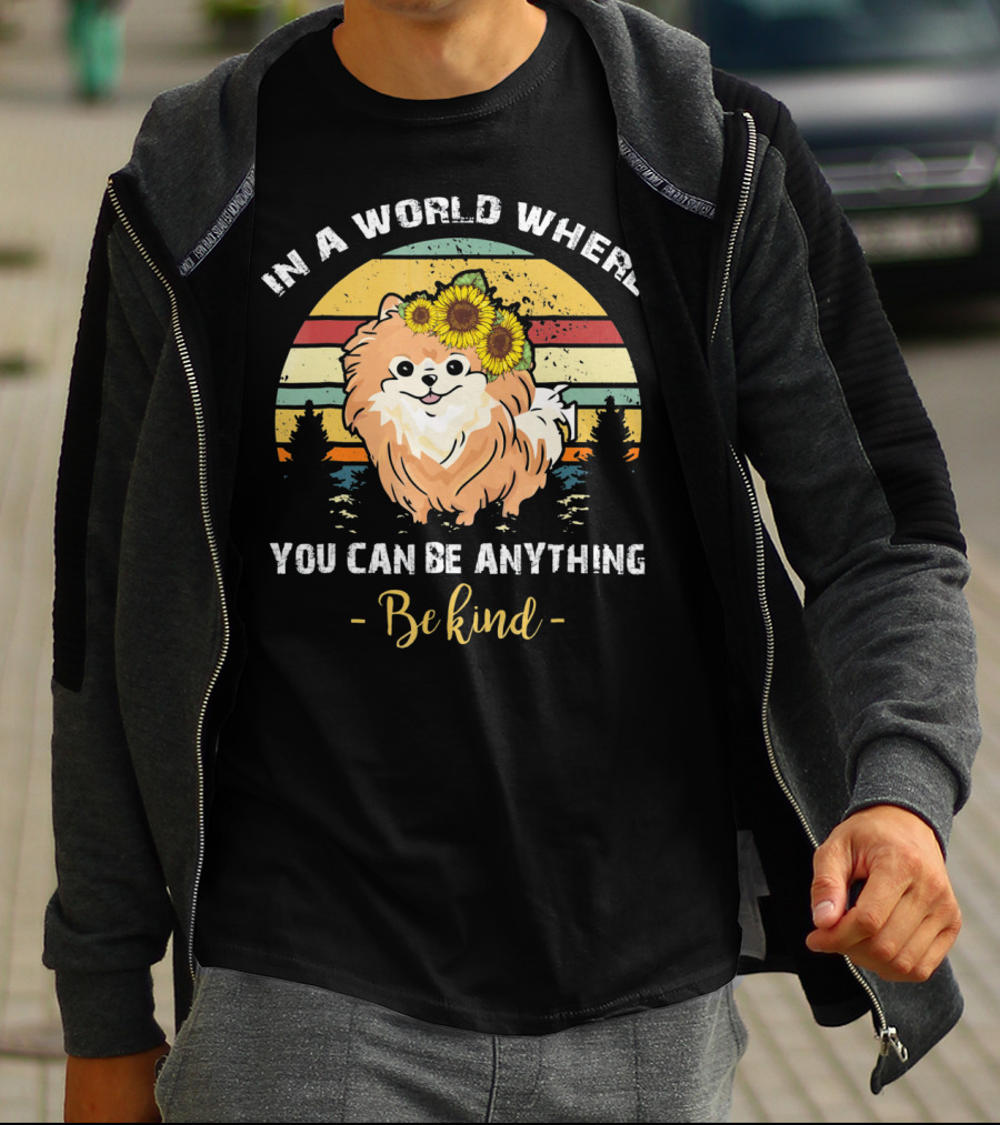 In A World Where You Can Be Anything Be Kind Pomeranian Vintage Retro Sunflowers T-Shirt