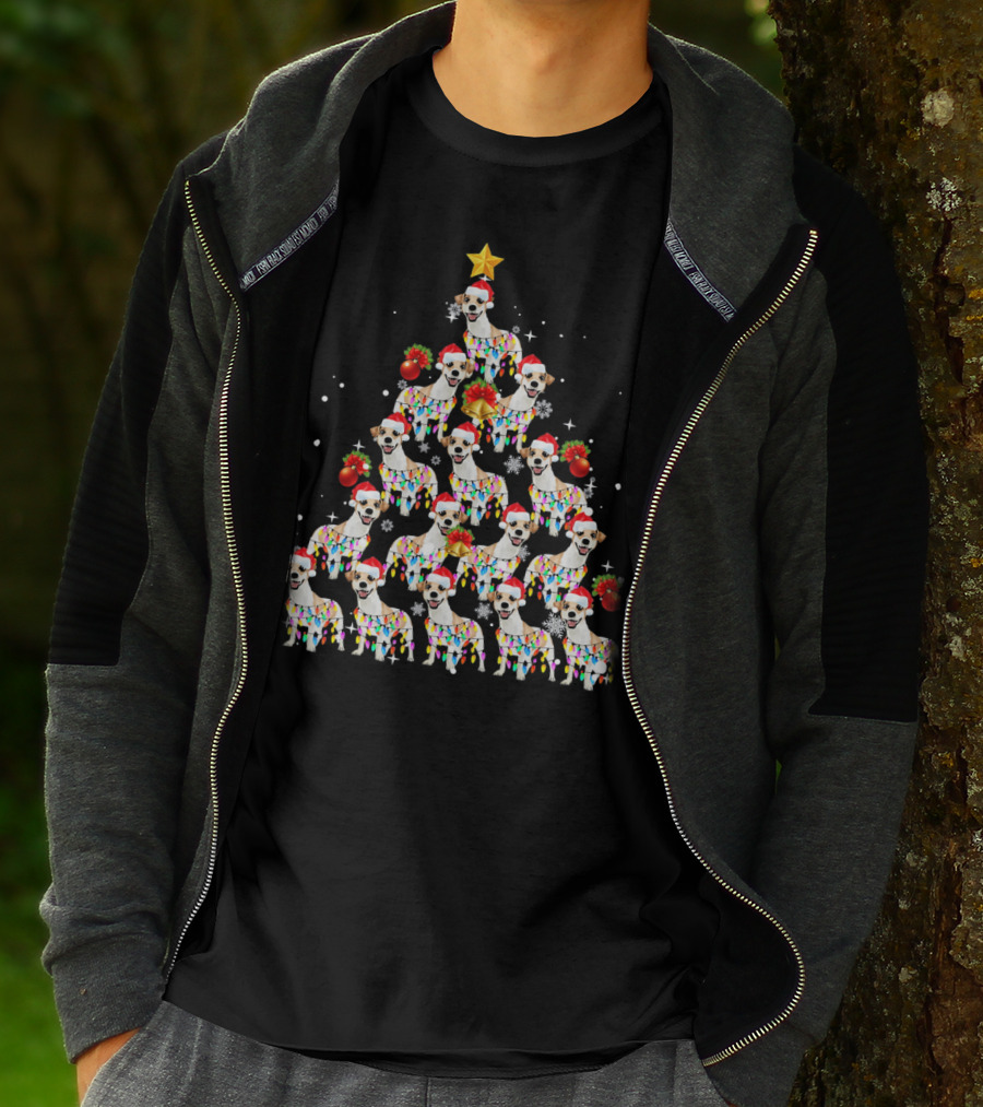Jack Russell Dog With Santa Hat And Christmas Lights In Tree Shape With Star Decoration T-Shirt