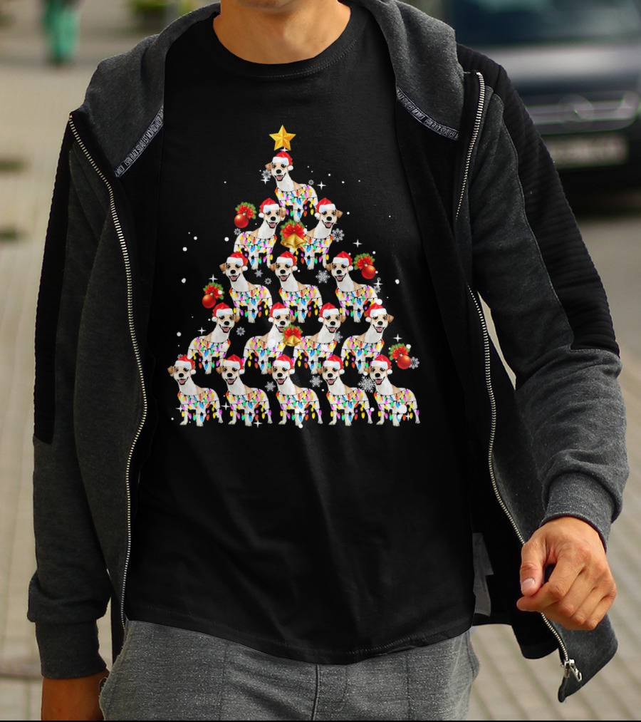 Jack Russell Dog With Santa Hat And Christmas Lights In Tree Shape With Star Decoration T-Shirt