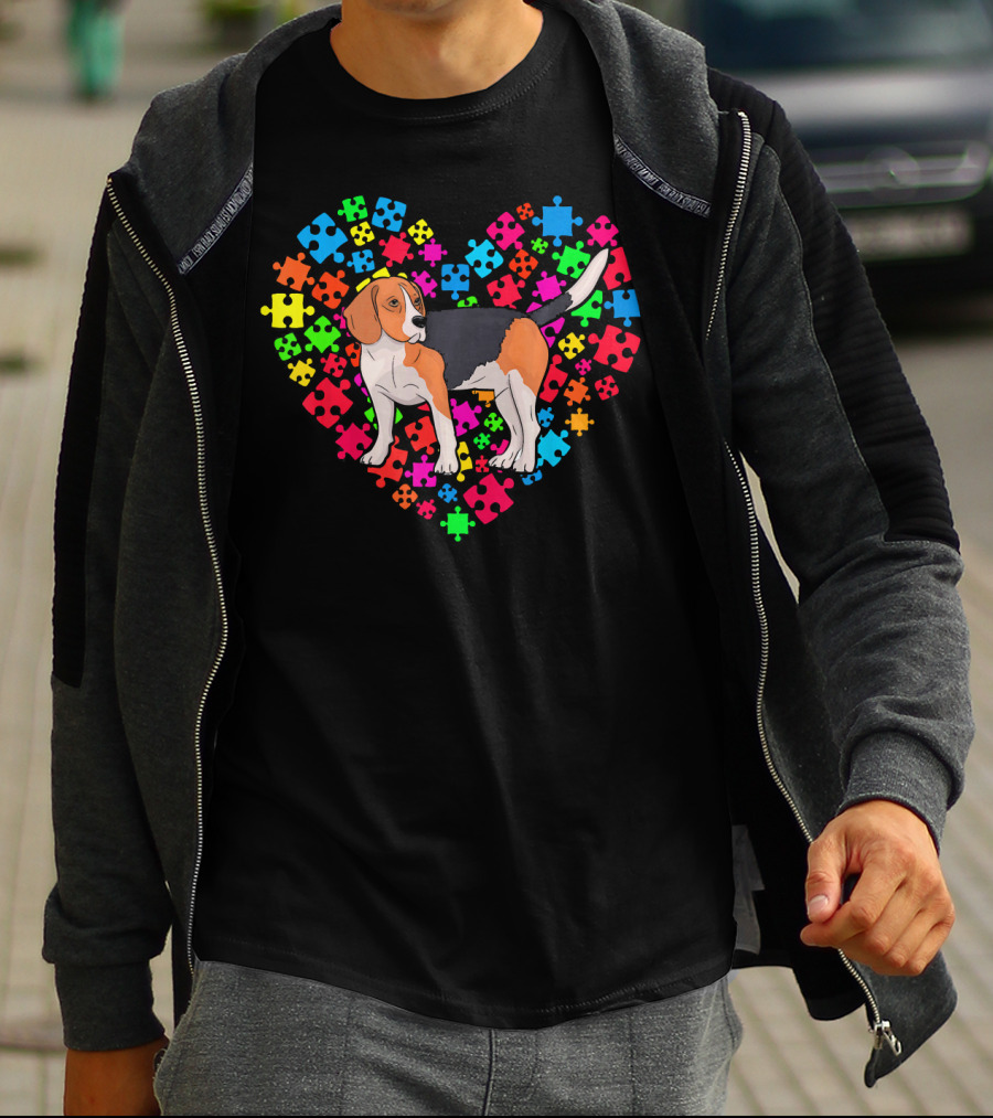Autism Awareness Beagle Dog Colorful Puzzle Heart T-Shirt