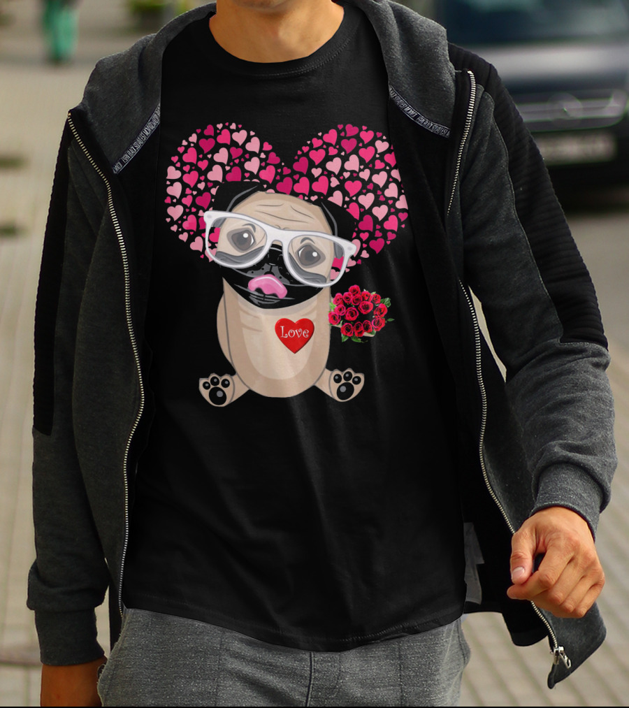 Be My Valentine Cute Pug Dog Love Heart Glasses Roses T-Shirt