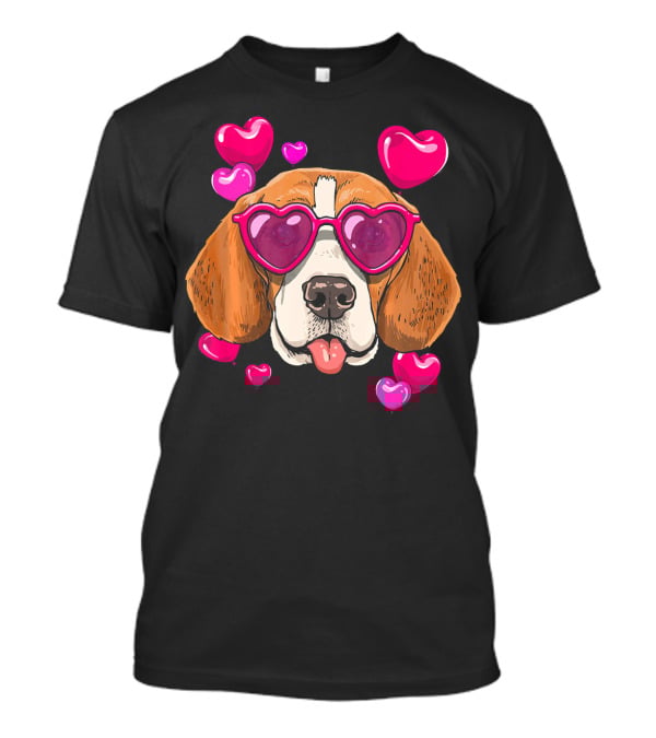 Beagle With Heart Sunglasses Surrounded By Pink Hearts Valentines Day Dog T-Shirt
