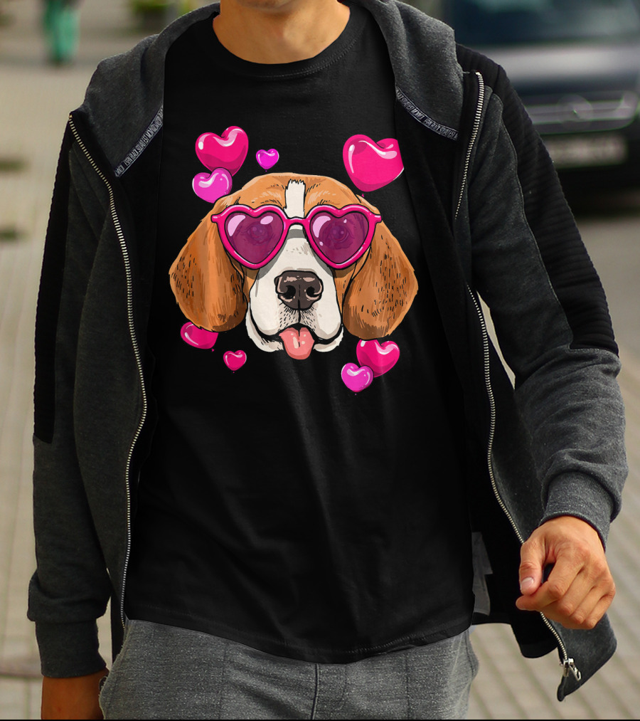 Beagle With Heart Sunglasses Surrounded By Pink Hearts Valentines Day Dog T-Shirt