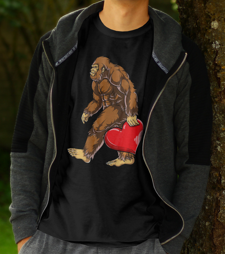 Bigfoot Carrying Heart Funny Valentine's Day T-Shirt