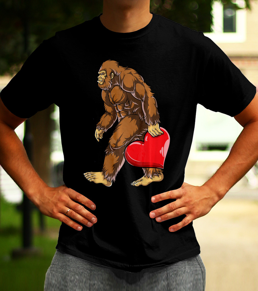 Bigfoot Carrying Heart Funny Valentine's Day T-Shirt