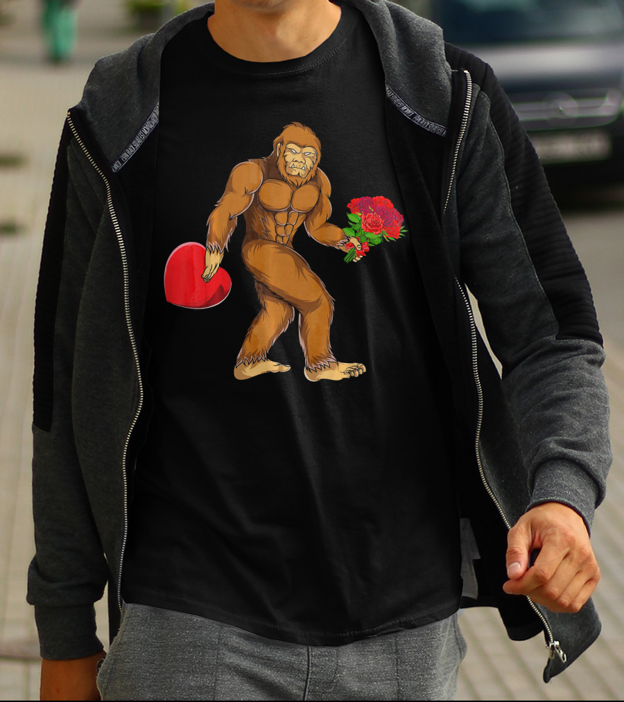 Bigfoot Heart Valentines Day Flowers T-Shirt