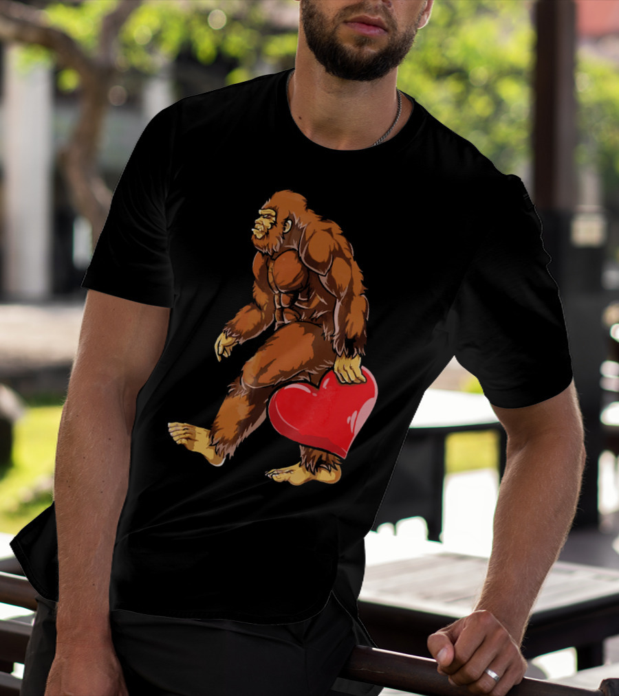 Bigfoot Holding A Red Heart For Funny Valentine's Day T-Shirt