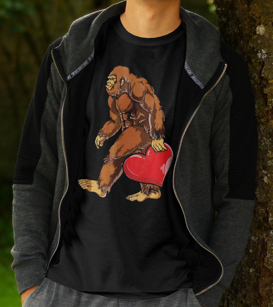 Bigfoot Holding A Red Heart For Funny Valentine's Day T-Shirt