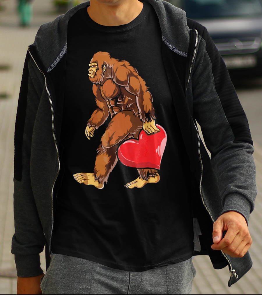 Bigfoot Holding A Red Heart For Funny Valentine's Day T-Shirt