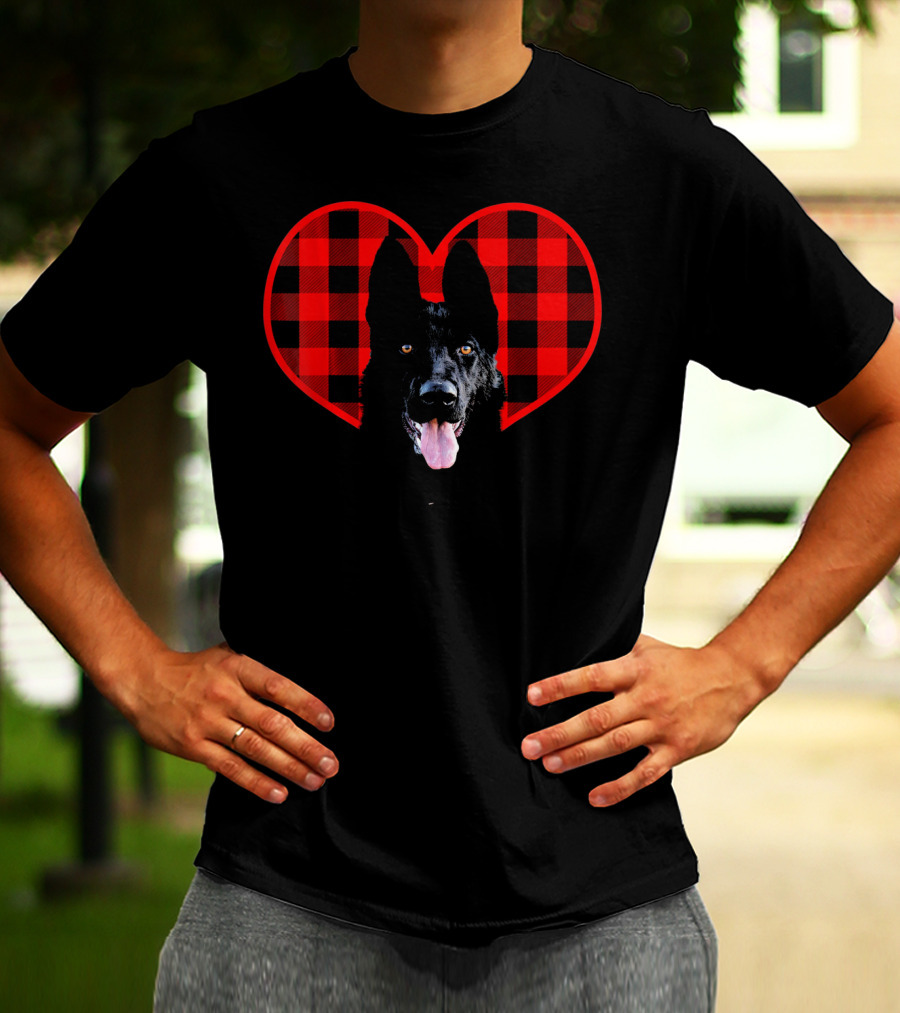 Black German Shepherd Plaid Heart Valentine T-Shirt