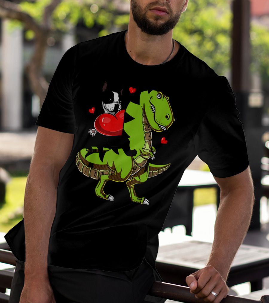 Boston Terrier With Red Hearts Riding A Green Rex Dinosaur T-Shirt