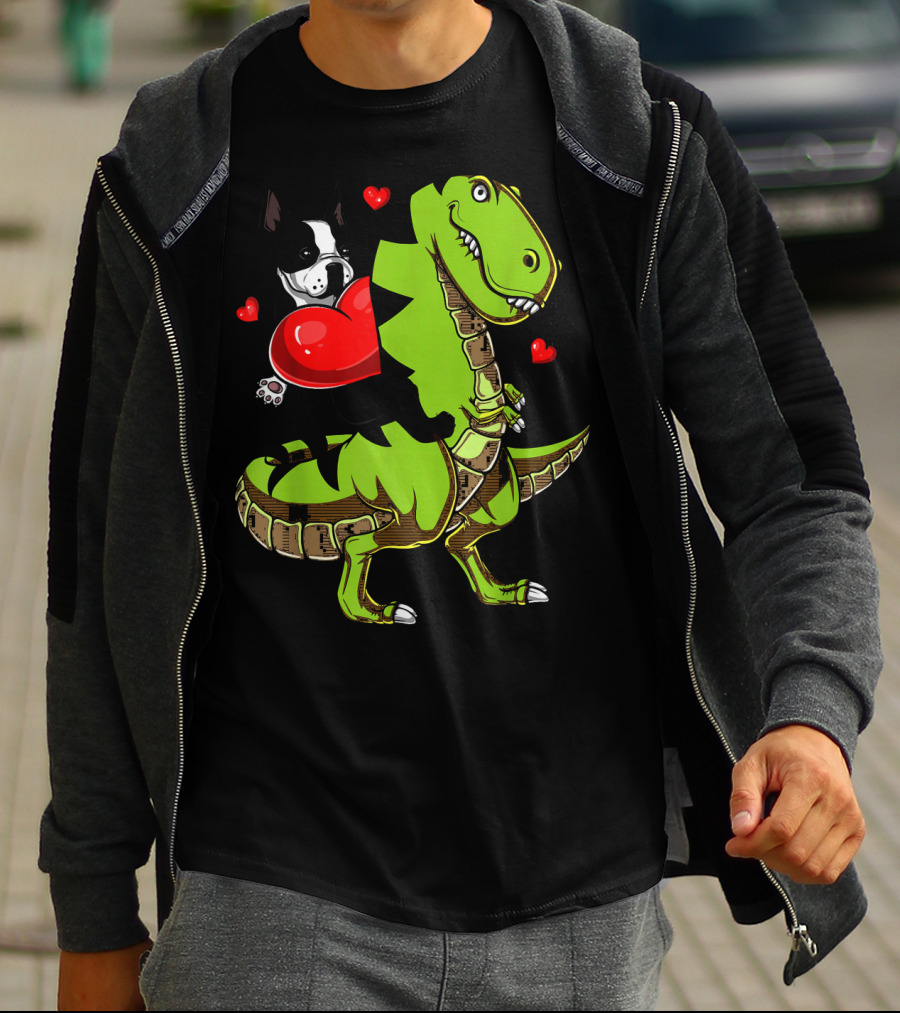 Boston Terrier With Red Hearts Riding A Green Rex Dinosaur T-Shirt