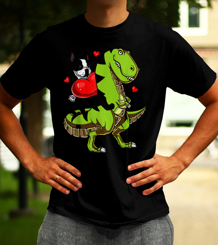 Boston Terrier With Red Hearts Riding A Green Rex Dinosaur T-Shirt