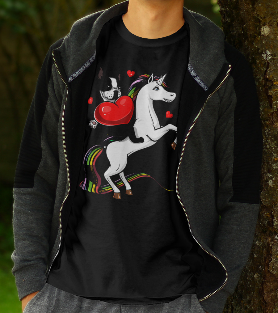 Boston Terrier Dog Holding Heart Riding Colorful Unicorn With Hearts T-Shirt