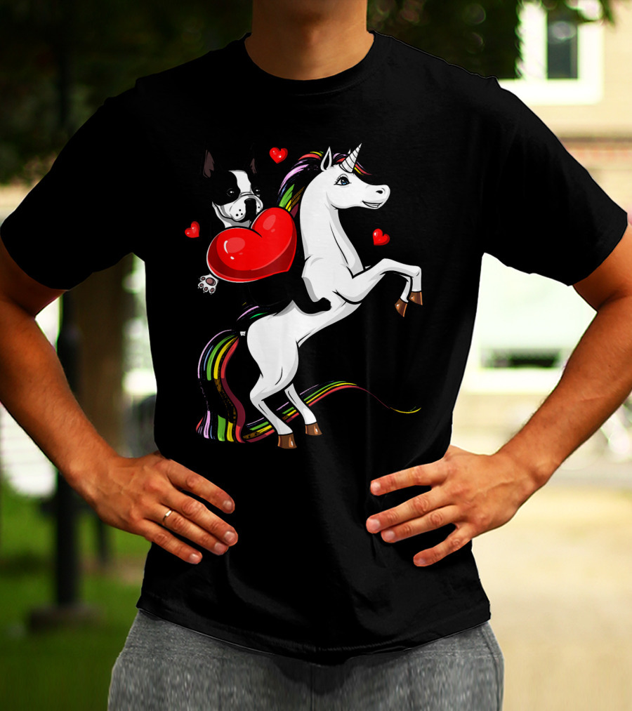 Boston Terrier Dog Holding Heart Riding Colorful Unicorn With Hearts T-Shirt