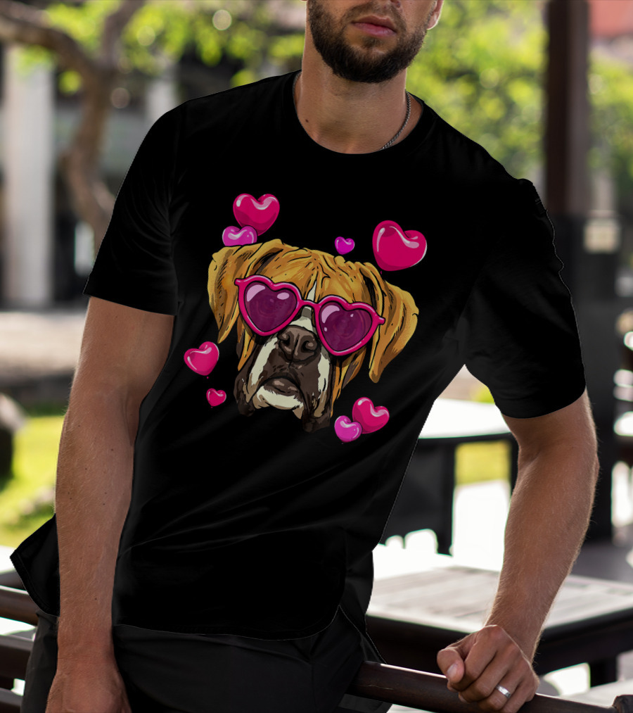 Boxer Dog With Heart Glasses Surrounded By Pink Valentine Hearts T-Shirt
