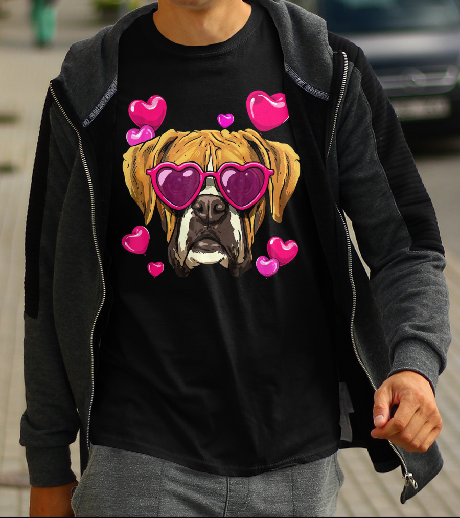 Boxer Dog With Heart Glasses Surrounded By Pink Valentine Hearts T-Shirt