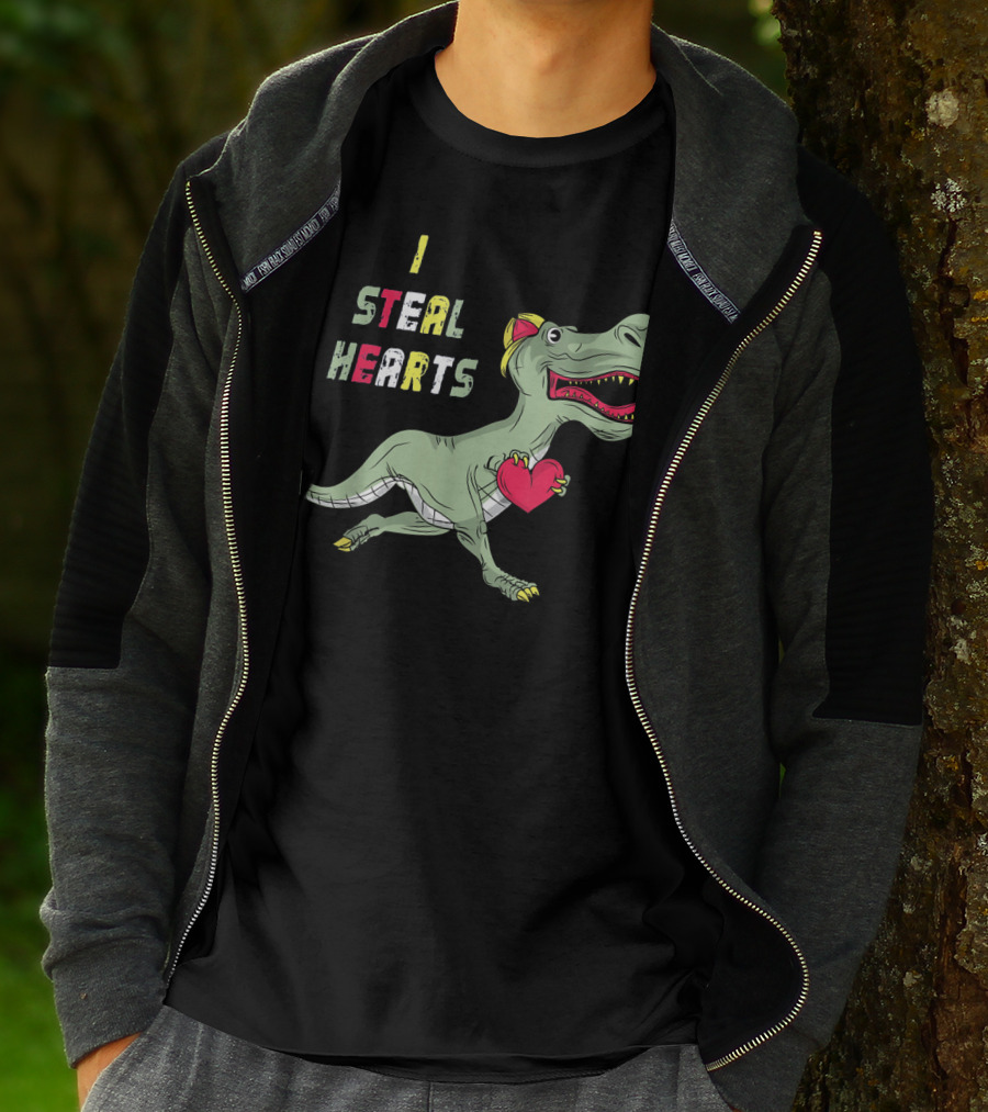 I Steal Hearts Dinosaur Holding Red Heart T-Shirt