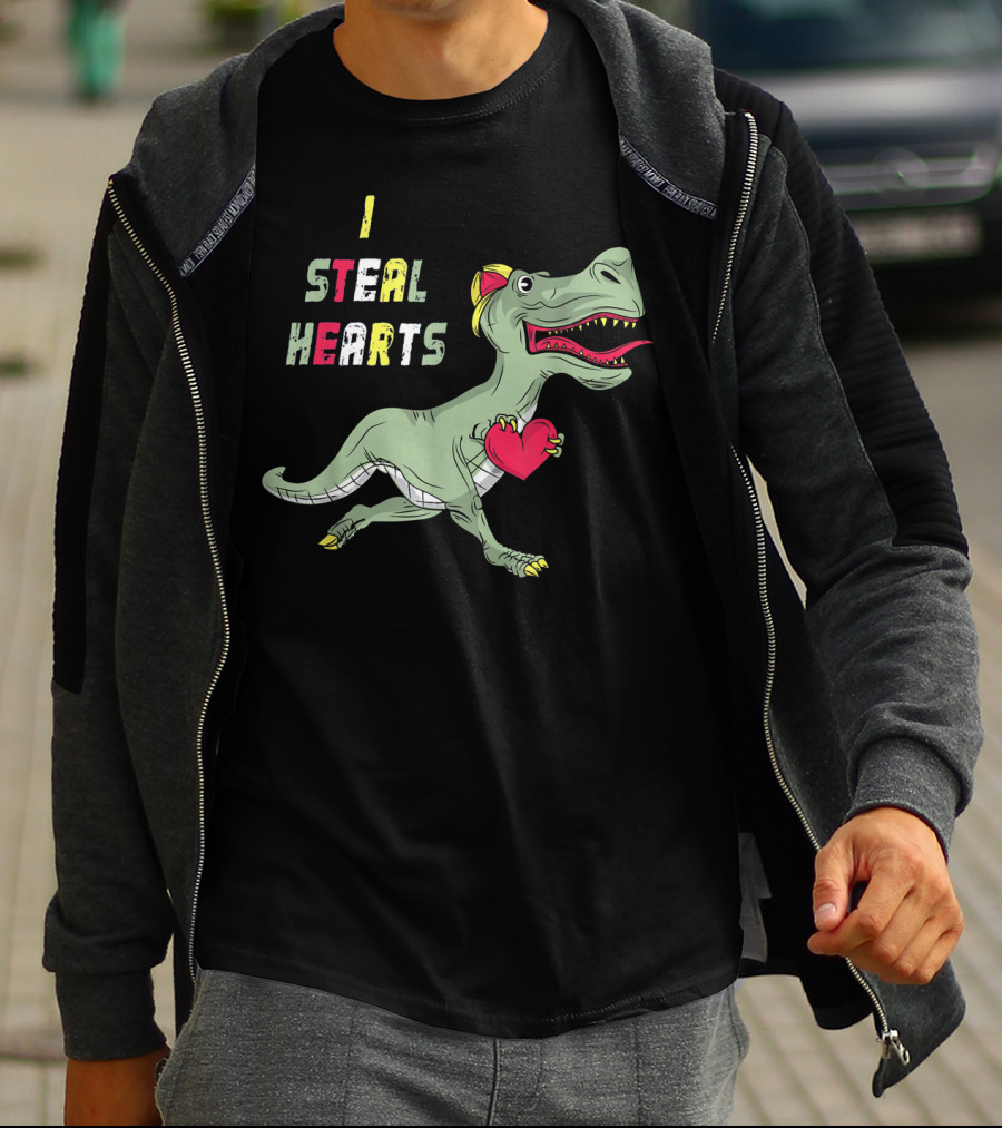 I Steal Hearts Dinosaur Holding Red Heart T-Shirt