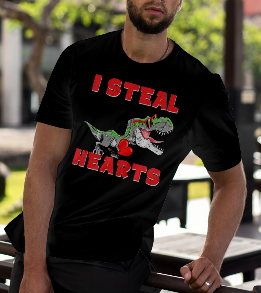 I Steal Hearts Boys Valentines Day Kids Dinosaur Trex T-Shirt