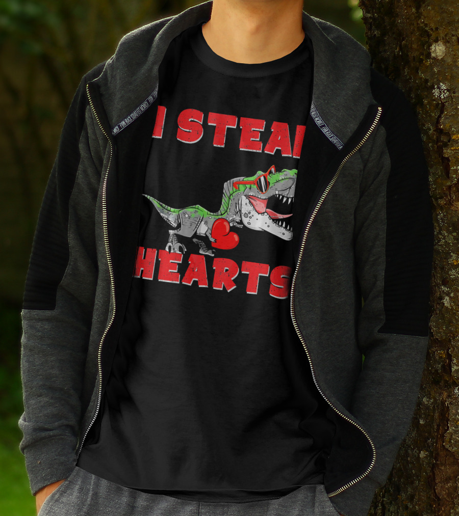 I Steal Hearts Boys Valentines Day Kids Dinosaur Trex T-Shirt