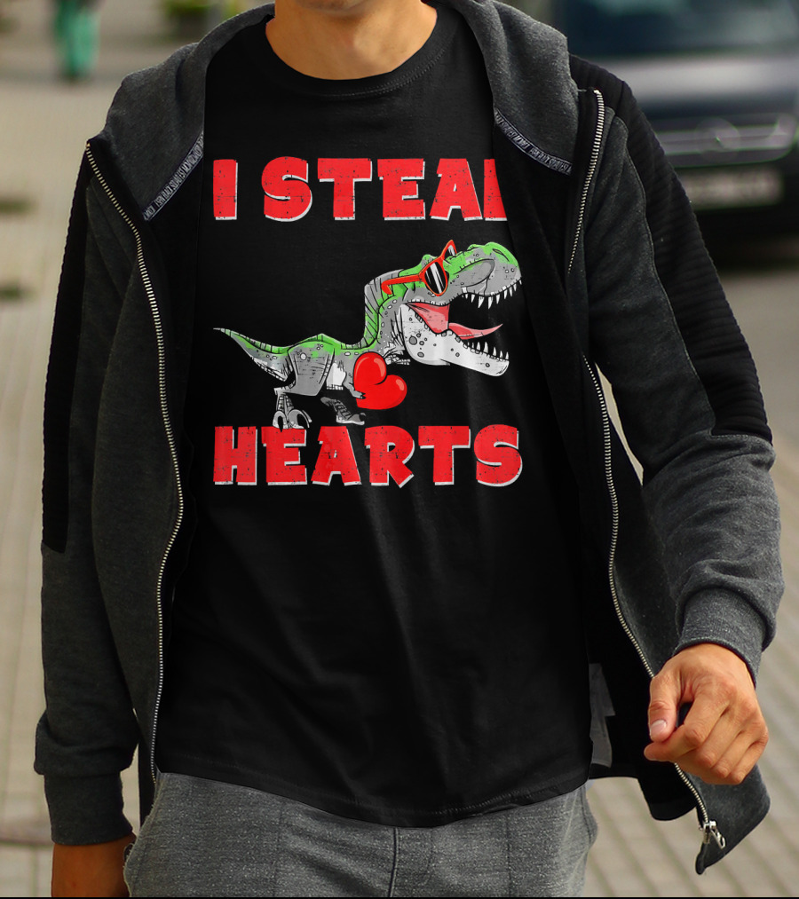 I Steal Hearts Boys Valentines Day Kids Dinosaur Trex T-Shirt
