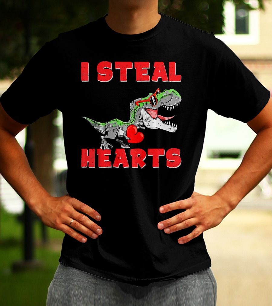 I Steal Hearts Boys Valentines Day Kids Dinosaur Trex T-Shirt