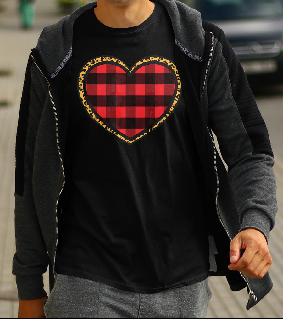 Buffalo Plaid And Leopard Print Heart T-Shirt