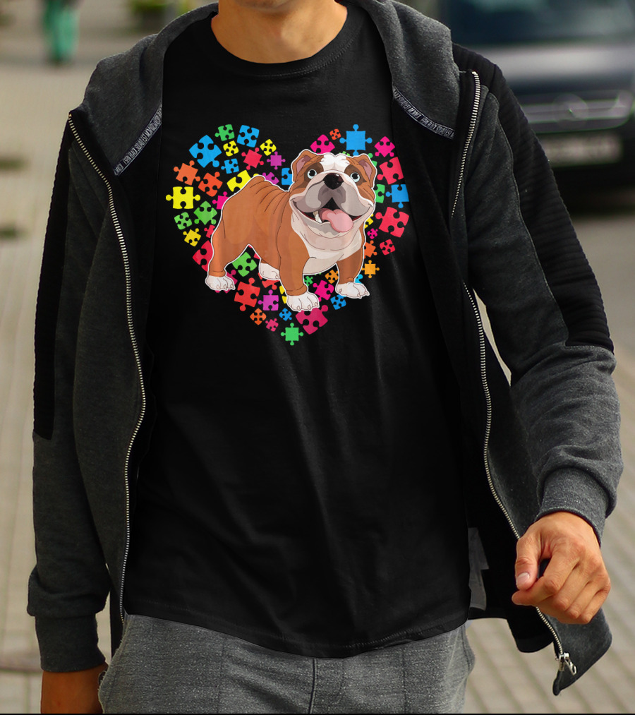 Bulldog Valentine Heart With Colorful Puzzle Pieces Background T-Shirt