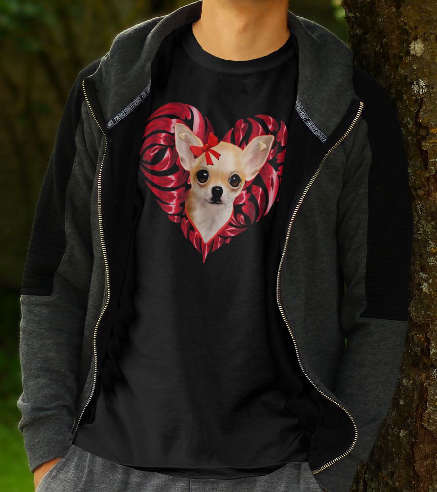 Chihuahua Dog Valentine Heart With Bow And Swirls T-Shirt