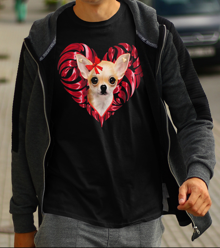Chihuahua Dog Valentine Heart With Bow And Swirls T-Shirt