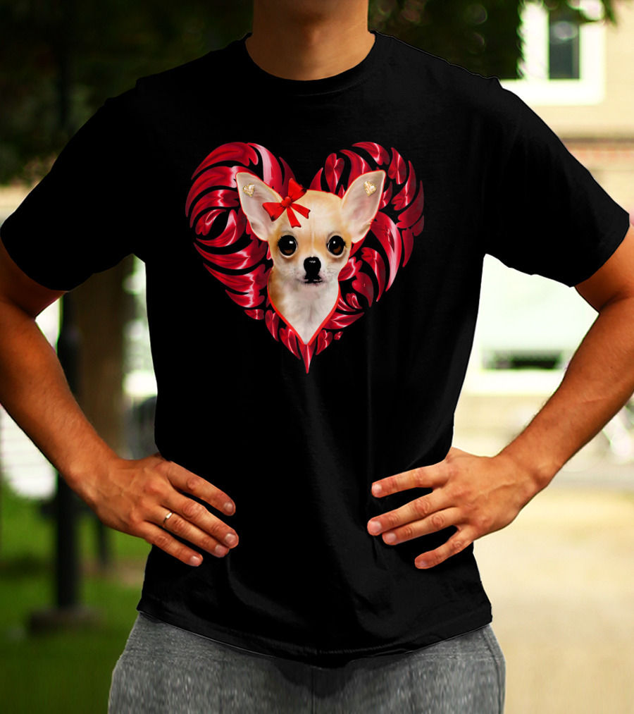 Chihuahua Dog Valentine Heart With Bow And Swirls T-Shirt