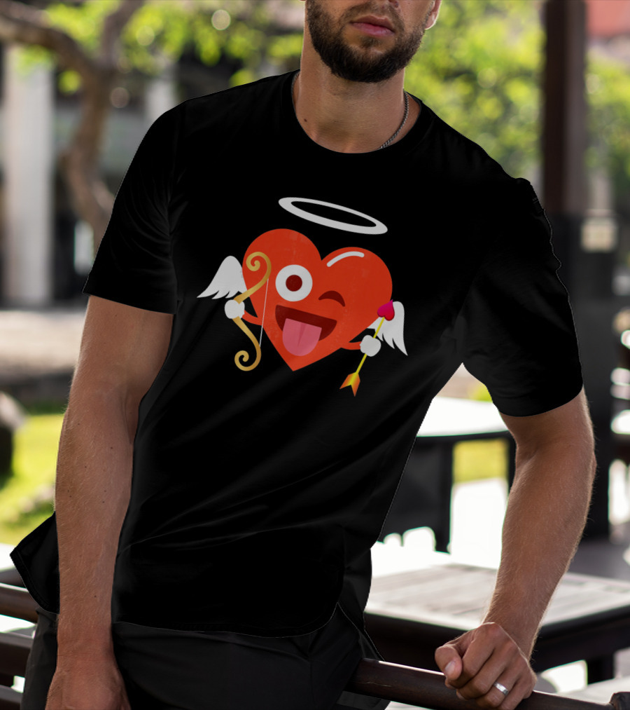 Cupid Heart Emoji Halo Wink Tongue Out Bow Arrow T-Shirt