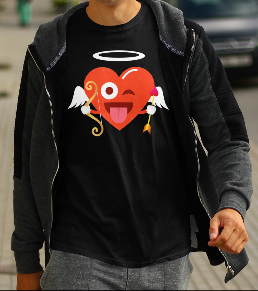 Cupid Heart Emoji Halo Wink Tongue Out Bow Arrow T-Shirt