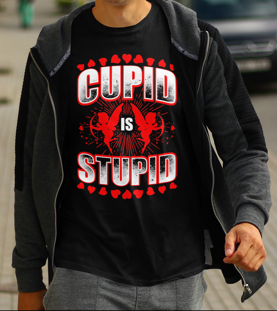 Cupid Is Stupid Anti Valentine Long With Heart And Cupid Graphics T-Shirt