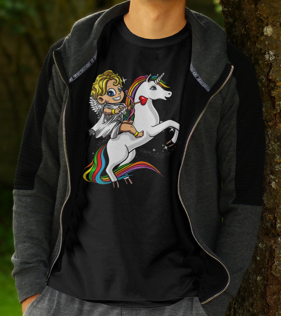 Cupid Riding Colorful Unicorn Valentines Day Magic T-Shirt