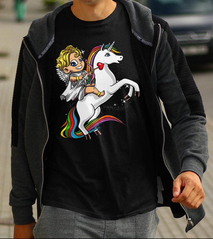 Cupid Riding Colorful Unicorn Valentines Day Magic T-Shirt