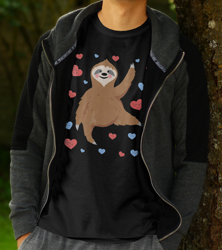 Cute Cuddly Sloth Surrounded By Red And Blue Hearts Valentine's Day T-Shirt