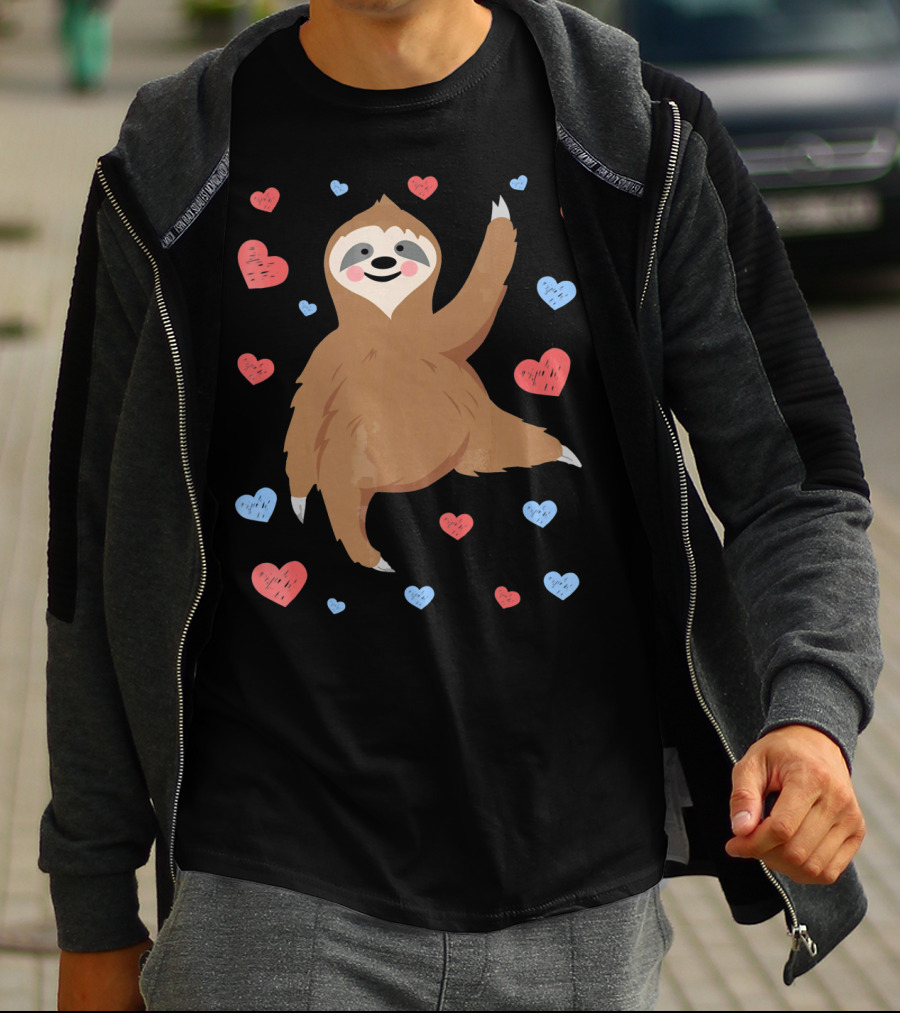Cute Cuddly Sloth Surrounded By Red And Blue Hearts Valentine's Day T-Shirt