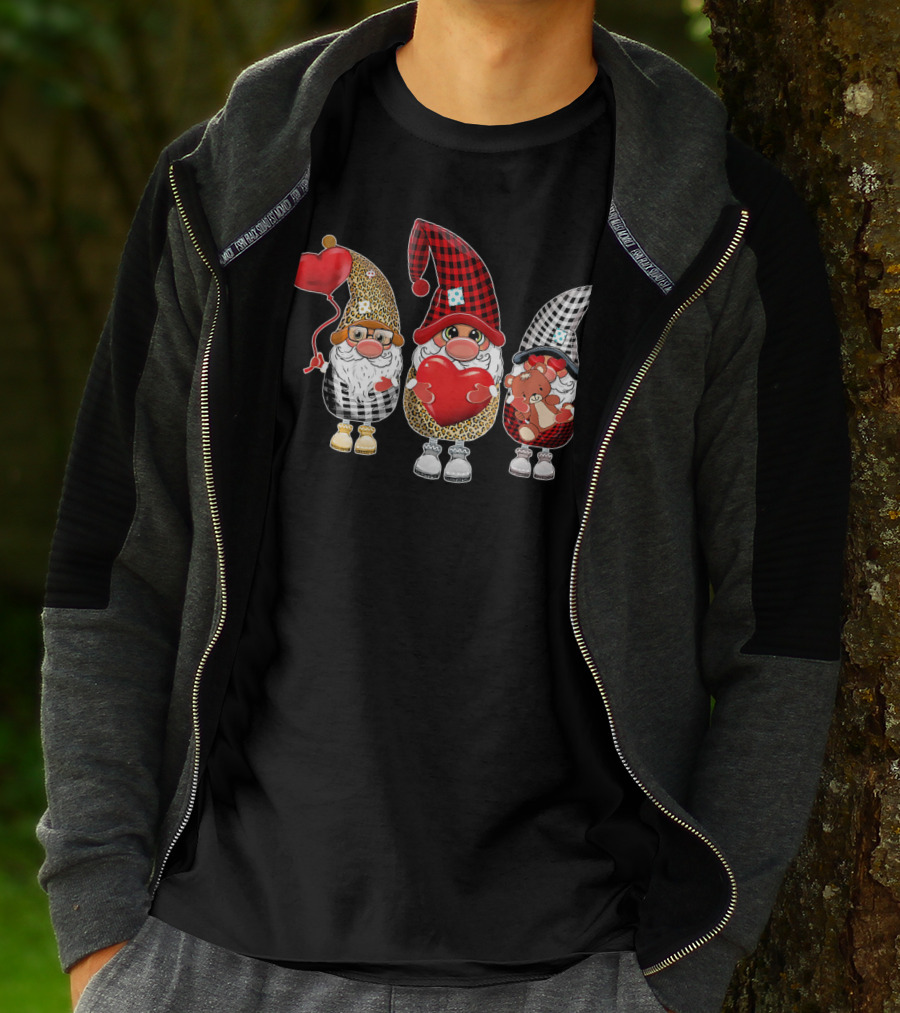 Cute Gnomes With Leopard And Buffalo Plaid Hearts T-Shirt