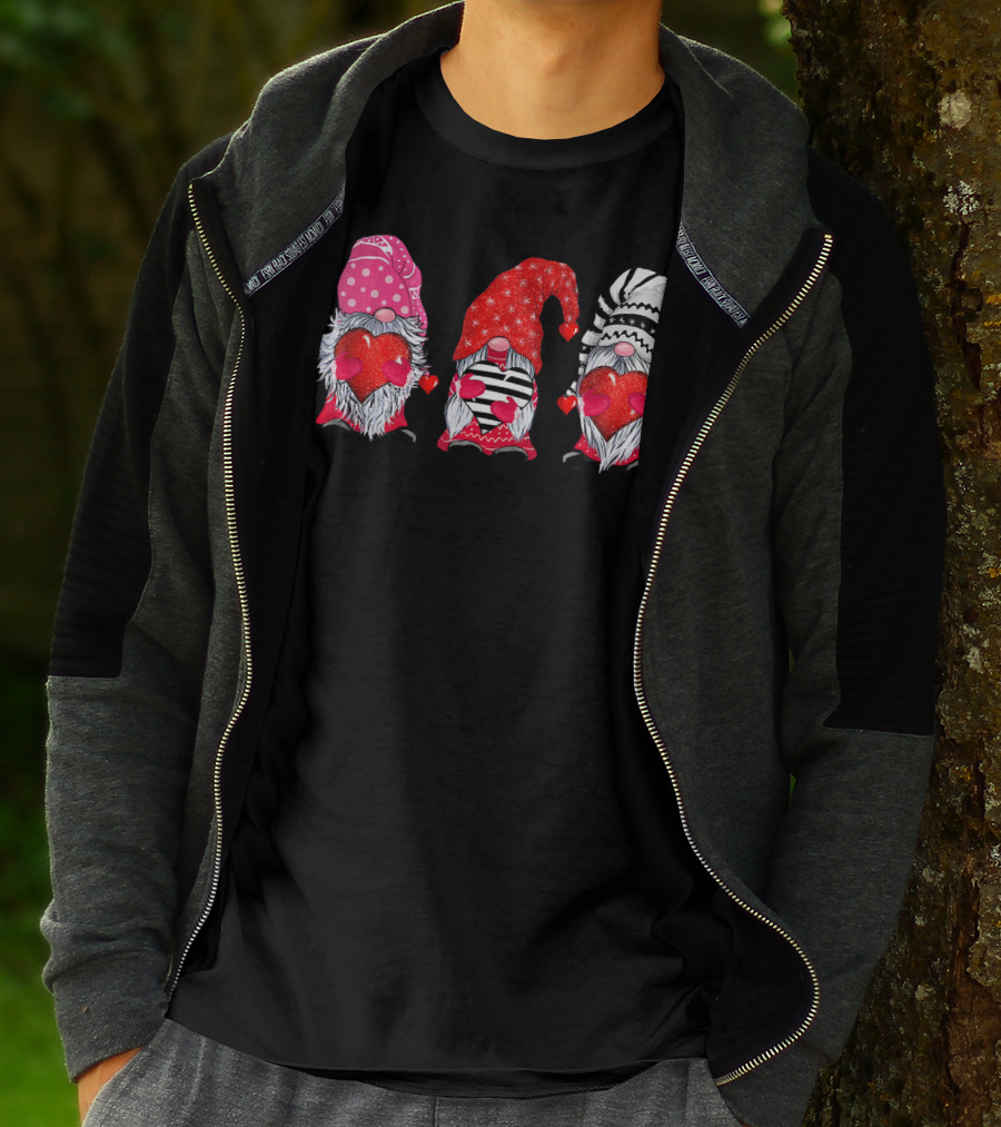 Cute Gnomes Valentine's Couple Heart Match Striped Red Hat Polka Dot T-Shirt