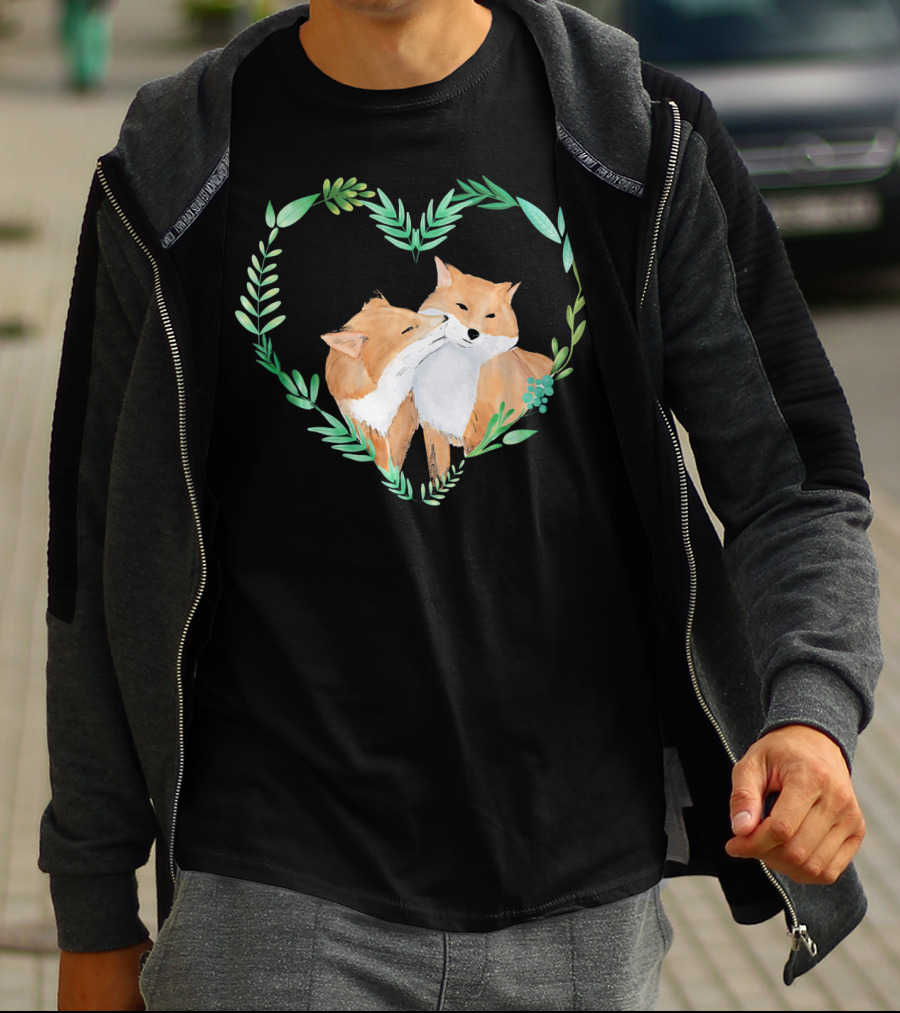 Cute Love Foxes Valentines Day Heart Greenery T-Shirt
