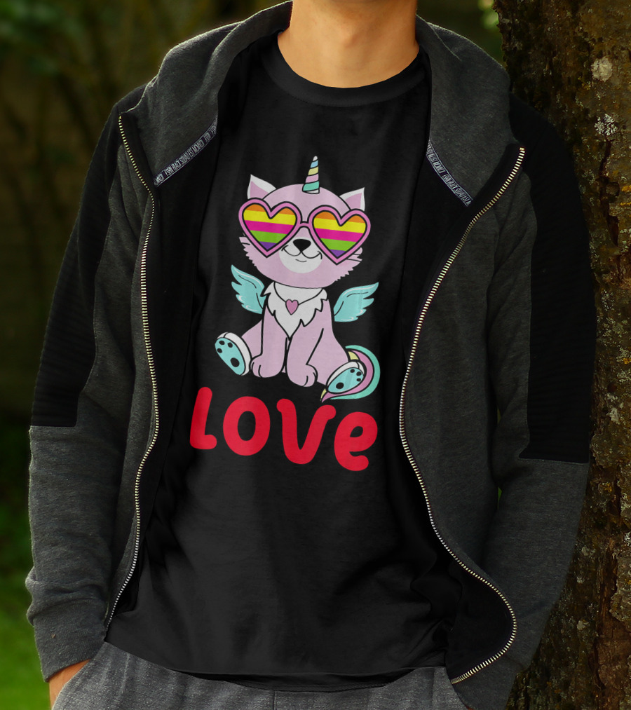 Valentines Day Love Heart Caticorn With Rainbow Sunglasses T-Shirt
