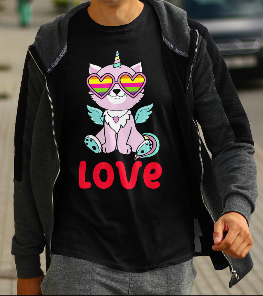 Valentines Day Love Heart Caticorn With Rainbow Sunglasses T-Shirt