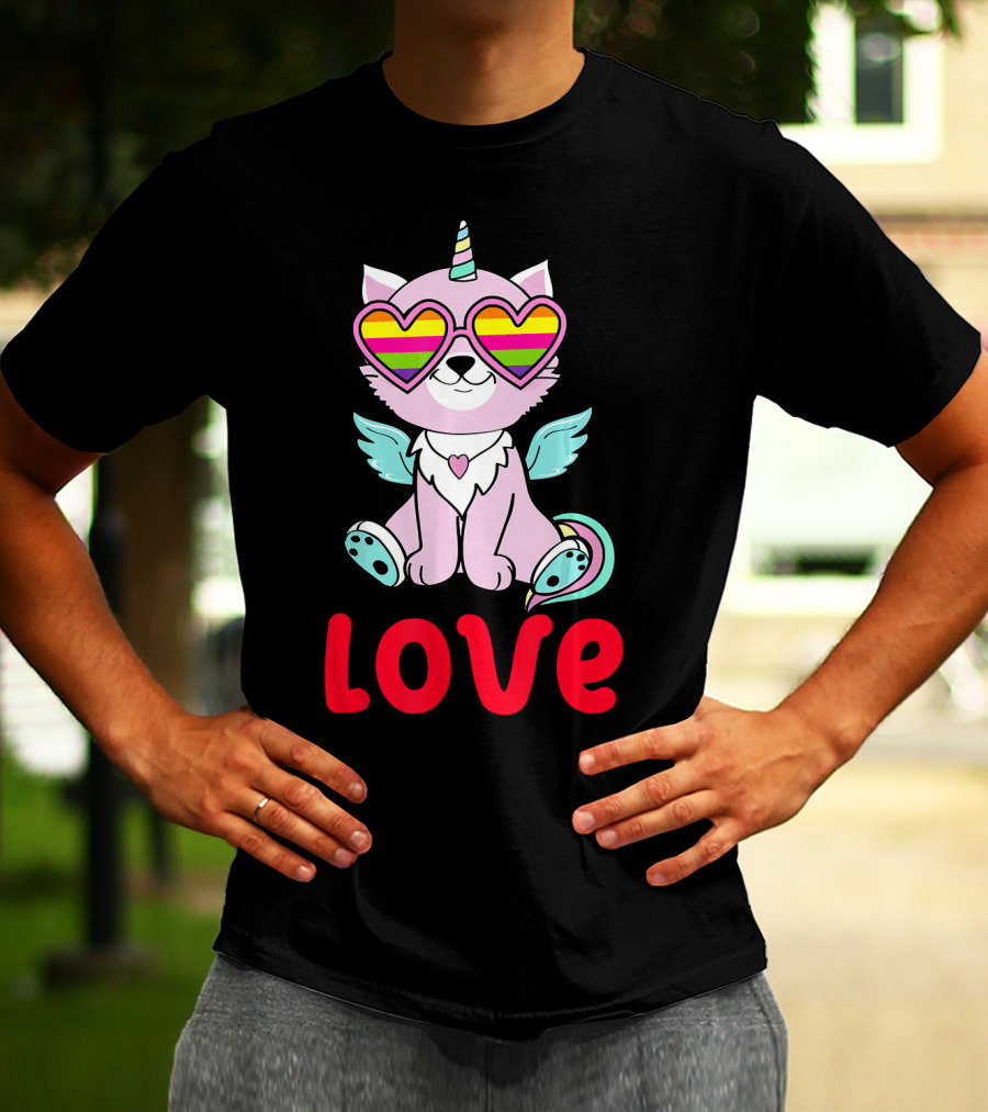Valentines Day Love Heart Caticorn With Rainbow Sunglasses T-Shirt